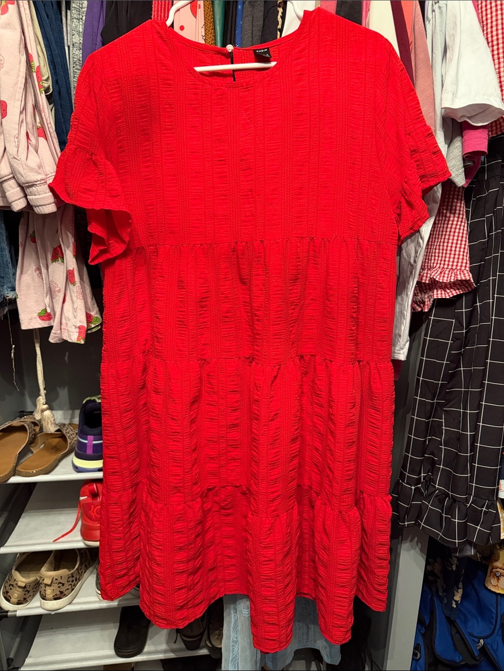 SHEIN Red Tiered Ruffle-Sleeve Mini Dress